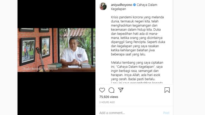 SBY ciptakan lagu baru di tengah pandemi. (Instagram/aniyudhoyono)