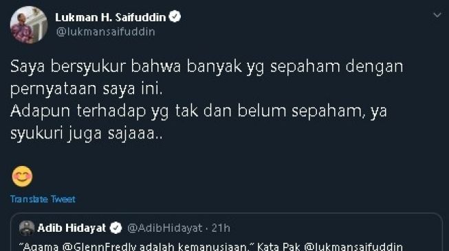 Lukman H Saifuddin membalas cuitan Adib Hidayat. (Twitter/@lukmansaifuddin)