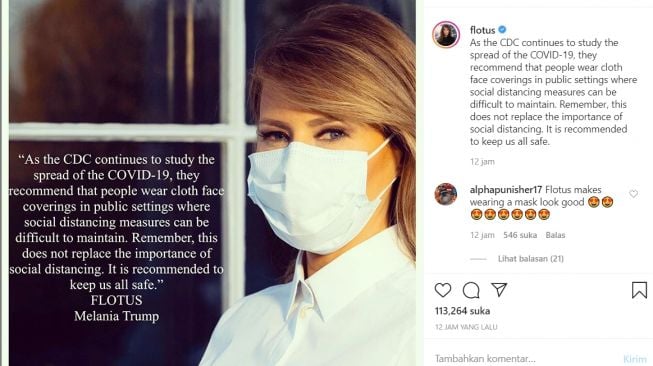 Unggah Foto, Melania Trump Dukung Penggunaan Masker di Ruang Publik