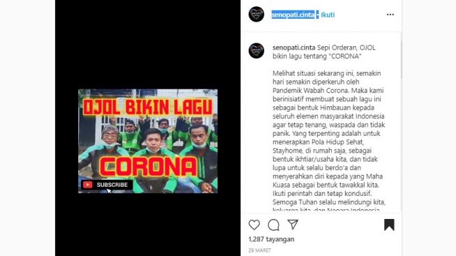 Sopir ojol buat lagu dengan tema virus corona.[Instagram/@senopati.cinta]