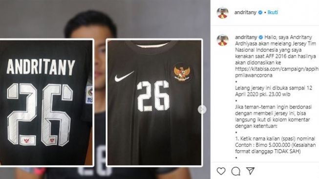 Andritany Ardhiyasa lelang jersey Timnas Indonesia. (Instagram/@andritany).