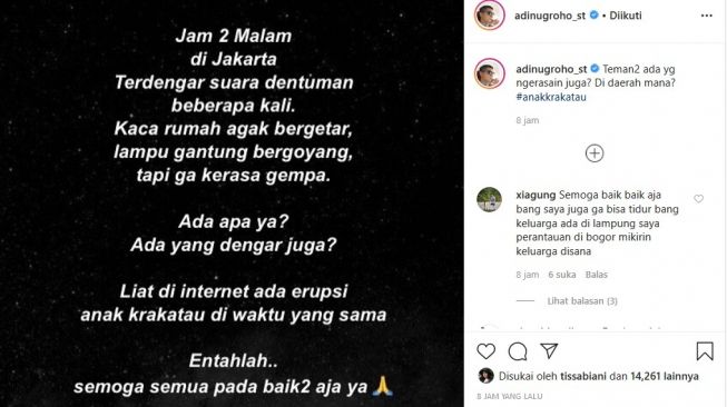 Adi Nugroho cerita soal dentuman yang sangat keras Sabtu (11/4/2020) dini hari tadi. [Instagram]