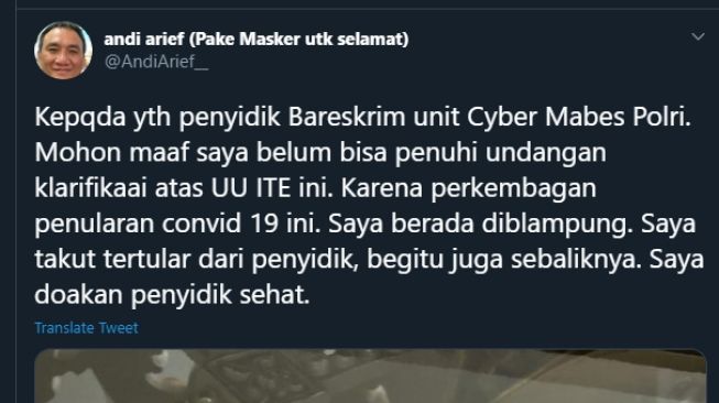 Cuitan Andi Arief soal surat pemanggilan dari Bareskrim Polri. (Twitter/@AndiArief__)