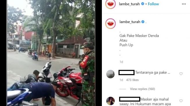 Anggota TNI menghukum pemotor yang tak gunakan masker saat berkendara (Instagram-lambe_turah)