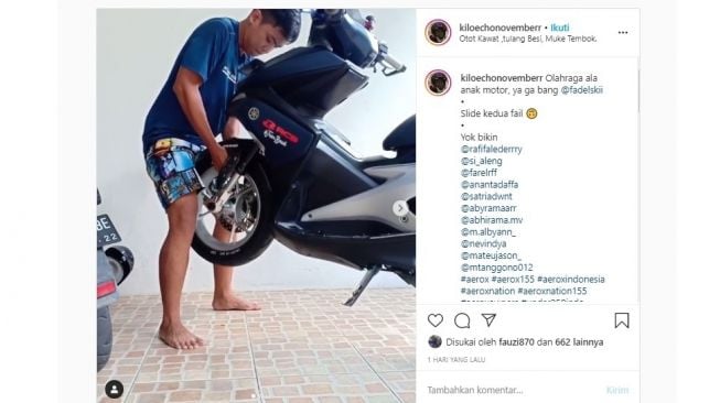 Pada percobaan workout pakai Yamaha Aerox berikutnya ternyata berhasil.[Instagram/@kiloechonovemberr]