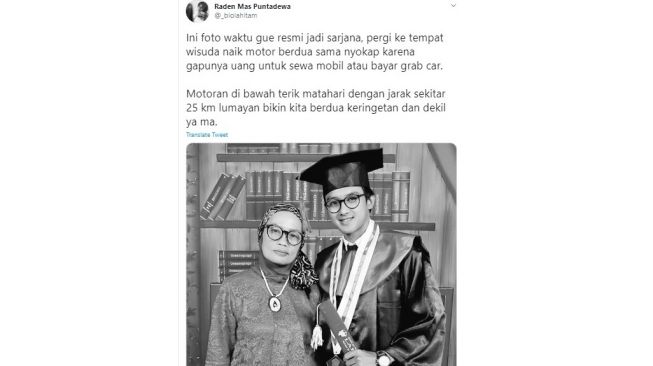 Curhatan warganet sukses jadi sarjana berkat jual motor bekas.[Twitter/@_biolahitam]