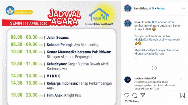 Berjalan 3 Bulan, Ini Jadwal dan Program Belajar dari Rumah TVRI