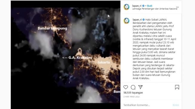 Postingan LAPAN menampilkan erupsi anak gunung Krakatau. [Instagram]