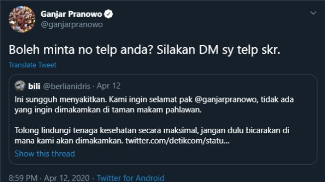 Ganjar Pranowo mendapat kritikan dari nakes terkait pembangunan TMP. (Twitter/@ganjarpranowo)