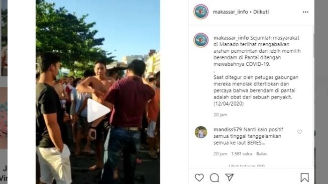 Warga marah-marah saat ditegur petugas karena mandi di pantai saat wabah corona (instagram/@makassar_iinfo)