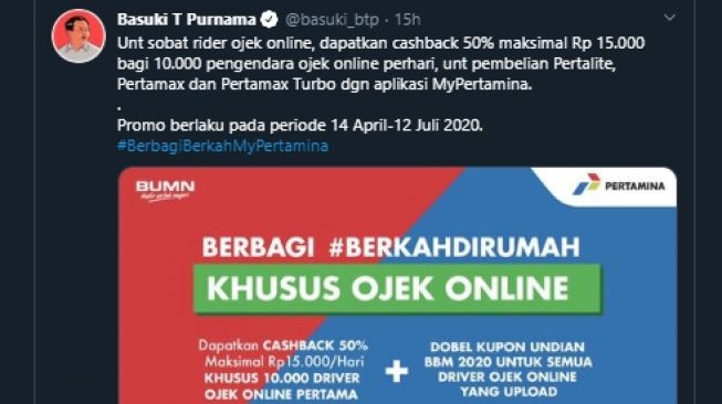 Pertamina bagi-bagi BBM murah bagi ojek online. (Twitter/@basuki_btp)