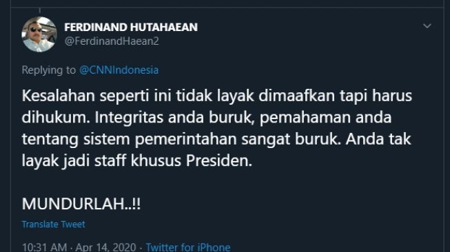 Ferdinand Hutahaean meminta Stafsus Presiden Andi Taufan Garuda Putra mundur. (Twitter/@FerdinandHaean2)