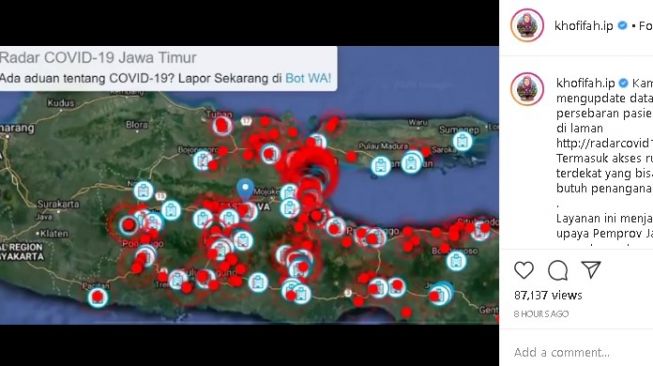 Pemprov Jatim luncurkan Radar Covid-19 guna mencegah penularan virus corona. (Instagram/@khofifah.ip)