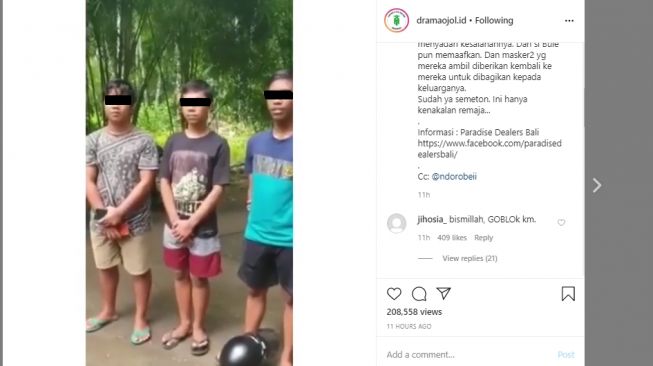 Remaja gasak masker gratis meminta maaf. (Instagram/dramaojol.id