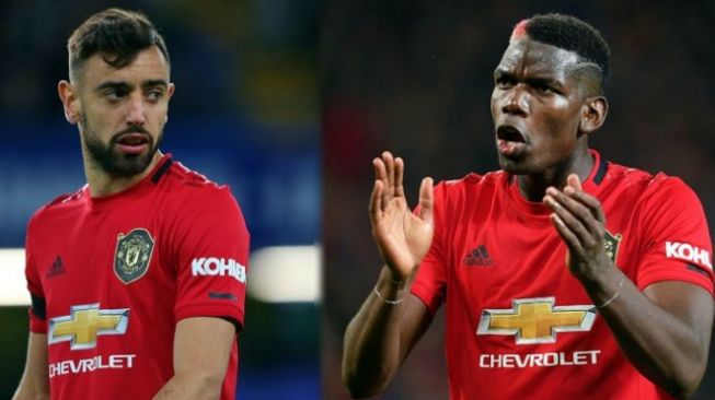 Kolase foto dua gelandang Manchester United, Bruno Fernandes (kiri) dan Paul Pogba. [AFP]