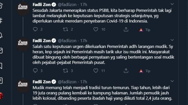 Cuitan Fadli Zon soal aturan mudik yang harus dikeluarkan pemerintah. (Twitter/@fadlizon)