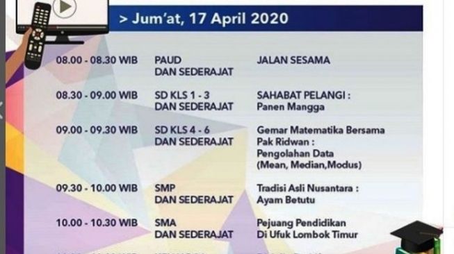 Jadwal Belajar dari Rumah, Jumat 17 April 2020 di TVRI. (Tangkapan layar instagram TVRI)