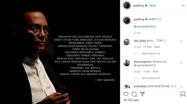 Unggahan Gading Marten Soal puisi ayahnya, Roy Marten [Instagram/@gadiiing]