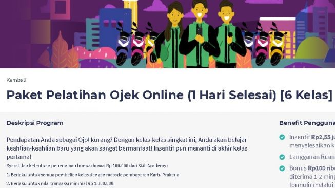 Paket pelatihan online kartu prakerja untuk ojek online. (skillacademy)