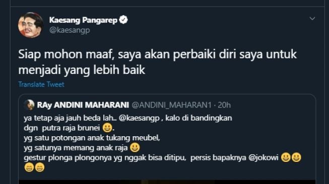 Kaesang menanggapi cuitan sinis seorang warganet. (Twitter/@kaesangp)