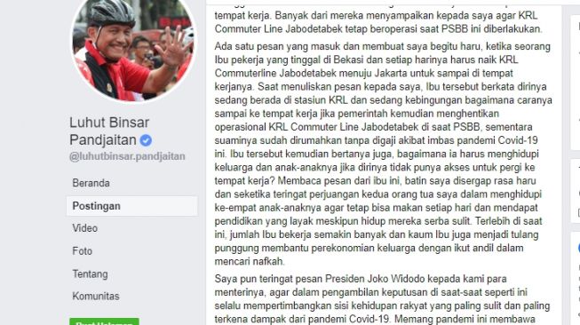 Alasan Menteri Luhut tetap operasikan KRL Jabodetabek. (Facebook/Luhut Binsar Pandjaitan)