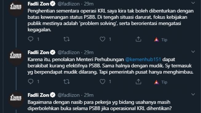 Cuitan Fadli Zon soal pemberhentian KRL. (Twitter/@fadlizon)