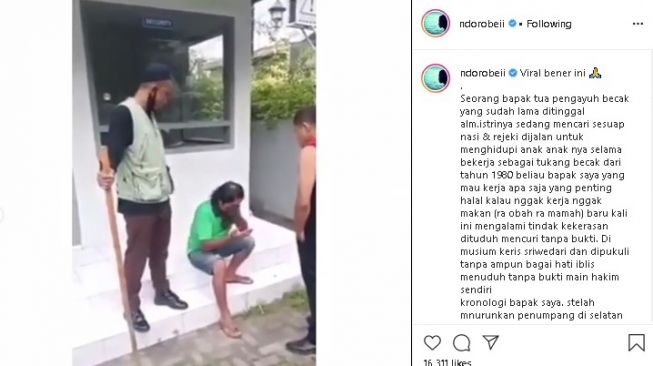 Tukang becak dituduh mencuri sampai digebuki satpam. (Instagram/@ndorobeii)