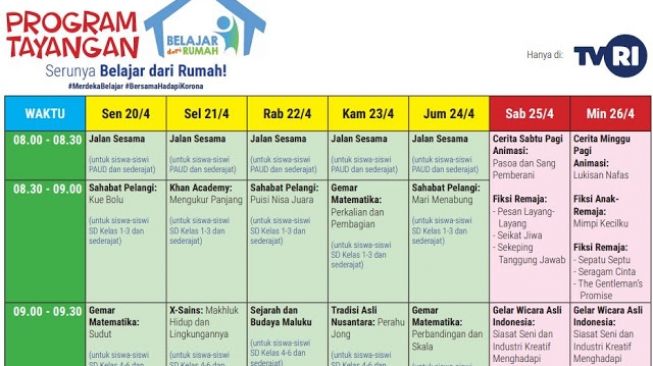 Jadwal Belajar dari Rumah yang ditayangkan TVRI Nasional, Senin (20/4/2020) hingga Minggu (26/4/2020). (website: pendidikan.com)
