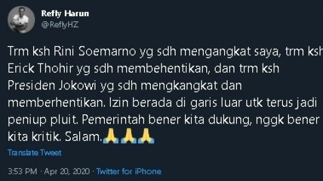 Cuitan Refly Harun selepas dicopot dari komut Pelindo I. (Twitter/@ReflyHZ)