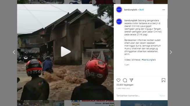 Video viral pengendara motor di Cimahi terseret banjir hingga tewas (Instagram)