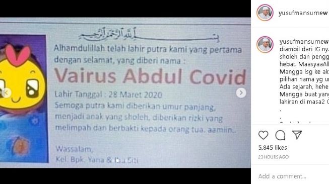 Ustaz Yusuf Mansur ungkap makna bayi bernama covid dan corona. (Instagram/@yusufmansurnew)