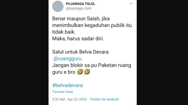 Cuitan warganet terkait mundurnya Belva Devara. [Twitter]