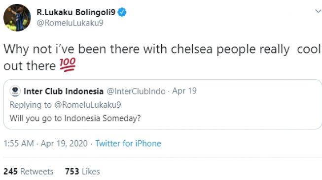 Romelu Lukaku akan ke Indonesia lagi suatu hari nanti. (Twitter/@RomeluLukaku9).