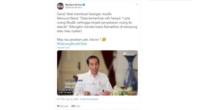 Video Jokowi sebut mudik beda dengan pulang kampung (Twitter)