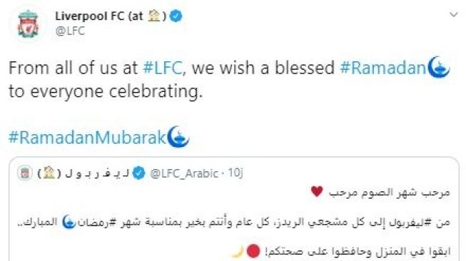 Ucapan selamat Ramadan dari Liverpool. (Twitter/@LFC).