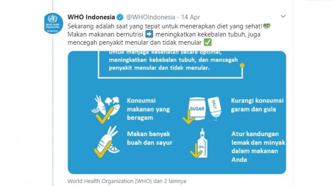 Makanan bernutrisi yang disarankan oleh WHO Indonesia (Twitter/@WHOIndonesia)