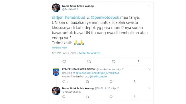 Keluhan warga soal biaya sekolah selama pandemi virus corona (Twitter)