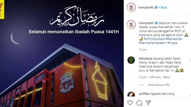 Liverpool ucapkan selamat Ramadan pakai bahasa Indonesia. (Instagram/@liverpoolfc).