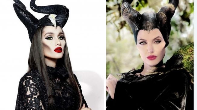 Cinta Laura dan Angelina Jolie mengenakan kostum Maleficent. [Instagram]