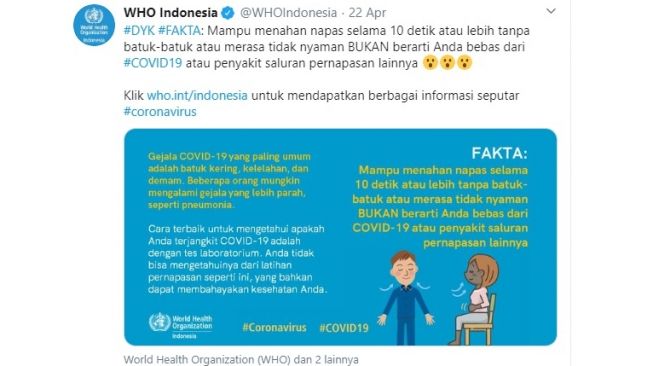 WHO Indonesia menjelaskan tahan napas tidak bisa mendeteksi corona Covid-19 (Twitter/@WHOIndonesia)