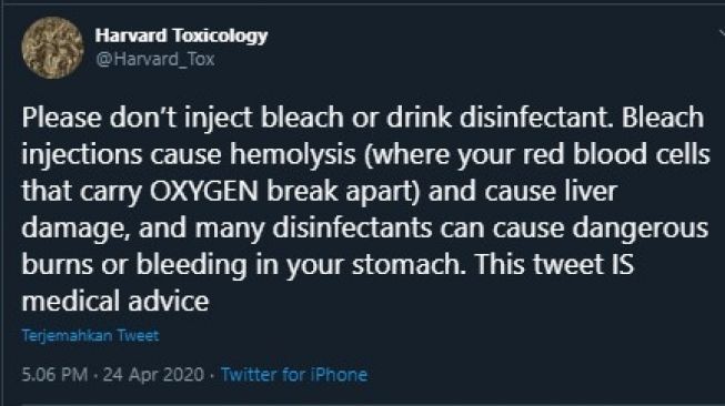 Cuitan Harvard Toxicology tentang hemolisis (Twitter/Harvard Toxicology)