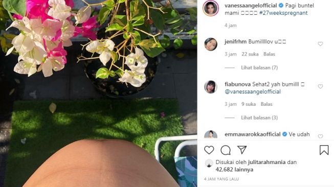 Vanessa Angel terlihat memamerkan perut buncitnya. Dia bilang usia kandungannya sudah memasuki bulan ke-enam  [Instagram/@vanessaangelofficial]