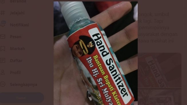 Hand sanitizer dengan stiker foto wajah Bupati Klaten Sri Mulyani (ist)