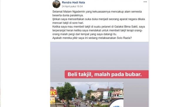 Curhat polisi militer ketika beli takjil di jalan (Facebook-Rendra Hadi Nata)