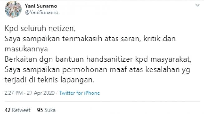 Bupati Klaten Sri Mulyani minta maaf soal hand sanitizer berstiker fotonya (Twitter/yanisunarno)