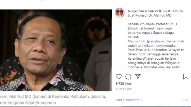 Surat terbuka Tengku Zulkarnain kepada Mahfud MD. (Instagram/tengkuzulkarnain)