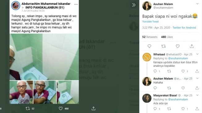 Postingan warganet terkunci di kamar mandi, caranya minta tolong kocak. [Twitter]