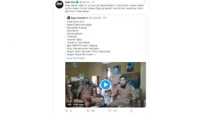 Cuitan Fadli Zon menanggapi video viral Kades Jalancagak Indra Zainal Alim (Twitter)