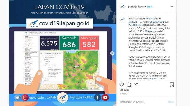 Aplikasi peta penyebaran Covid-19 LAPAN. [LAPAN]