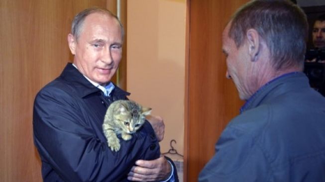 Presiden Rusia Vladimir Putin menggendong seekor kucing saat melakukan kunjungan ke sebuah daerah pada tahun 2015. [AFP]